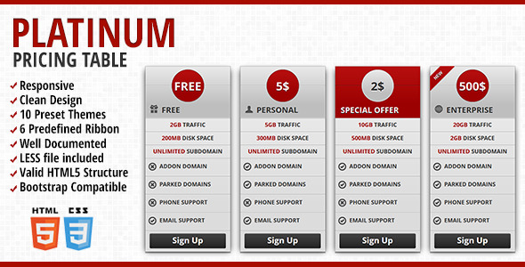 Platinum – Responsive Pricing Table