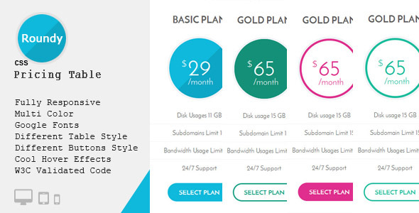 Roundy – CSS3 Responsive Pricing Table