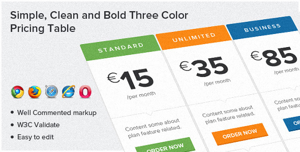 Simple, Clean and Bold Three Color Pricing Table Nulled