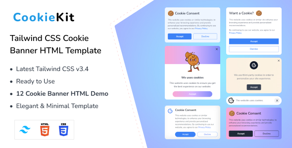 CookieKit – Tailwind CSS 3 Cookie Banners HTML Template Nulled