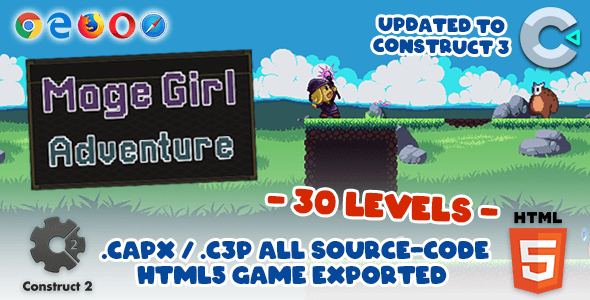 Mage Girl Adventure (Side Scrolling / Pixel Art) – HTML5 Construct 2/3 Game (.capx / .c3p)