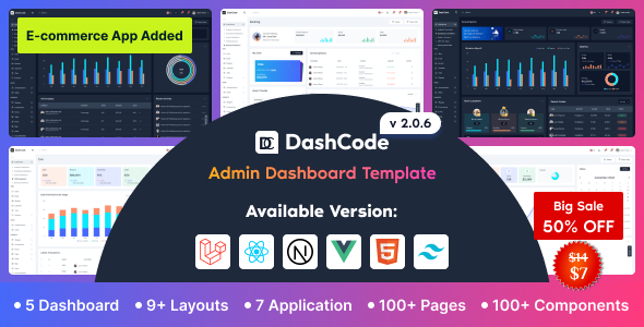DashCode – React, Vuejs, NextJs, Laravel, HTML,Tailwind Dashboard Template